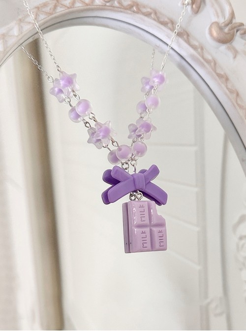 Passion CoCo Sweet Lolita Handmade Cute Cartoon Chocolate Piece Bowknot Bead Necklace