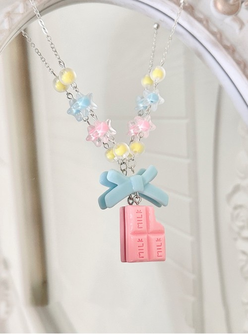 Passion CoCo Sweet Lolita Handmade Cute Cartoon Chocolate Piece Bowknot Bead Necklace