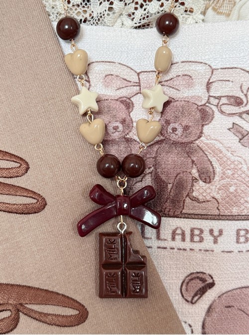Passion CoCo Sweet Lolita Handmade Cute Cartoon Chocolate Piece Bowknot Bead Necklace