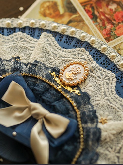 Sea Shape Series Miracles Classic Lolita Luxurious Court Tea Party Handmade Pearl Lace Ribbon Bowknot Fan