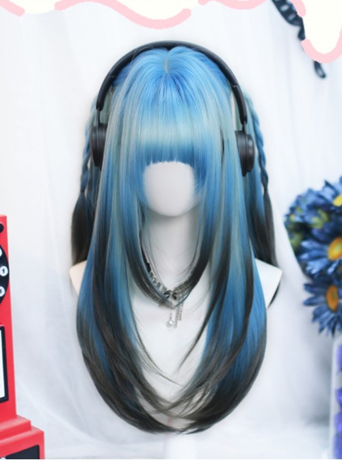 Sweet Cool Japanese Harajuku Sweet Lolita Cosplay Blue Black Gradient Straight Wig