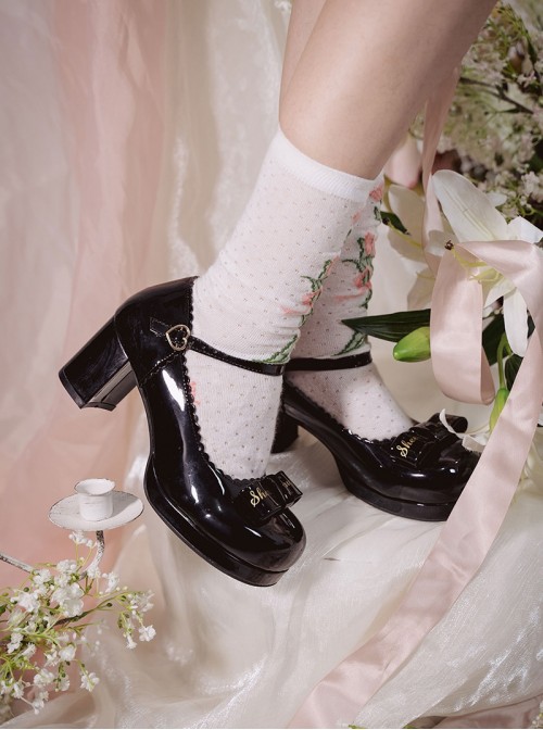 Petal Edge Heart Shape Metal Buckle Sweet Lolita Elegant Bow Round Toe High Heel Mary Jane Shoes