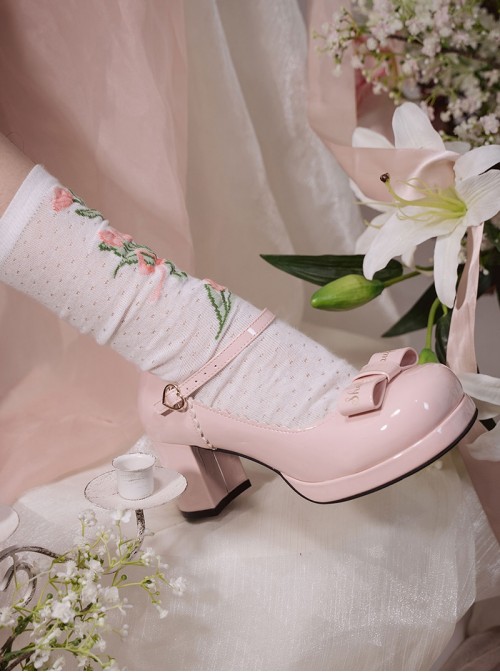 Petal Edge Heart Shape Metal Buckle Sweet Lolita Elegant Bow Round Toe High Heel Mary Jane Shoes