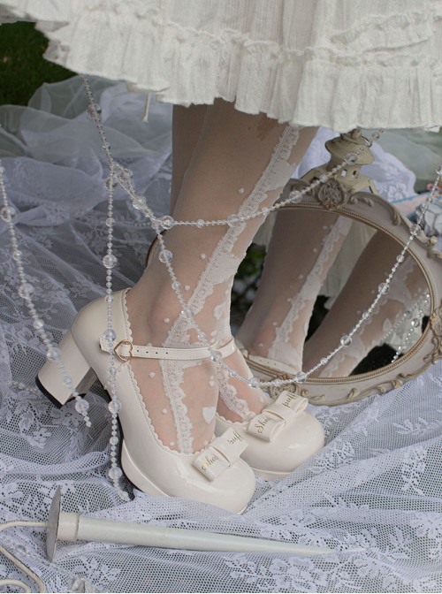 Petal Edge Heart Shape Metal Buckle Sweet Lolita Elegant Bow Round Toe High Heel Mary Jane Shoes