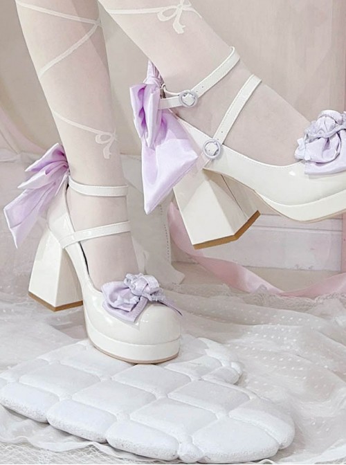 Sweet Lolita Exquisite Elegant Satin Bowknot Waterproof Platform Thick High Heels Mary Jane Shoes