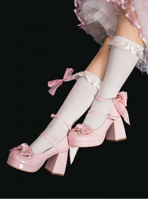 Sweet Lolita Exquisite Elegant Satin Bowknot Waterproof Platform Thick High Heels Mary Jane Shoes