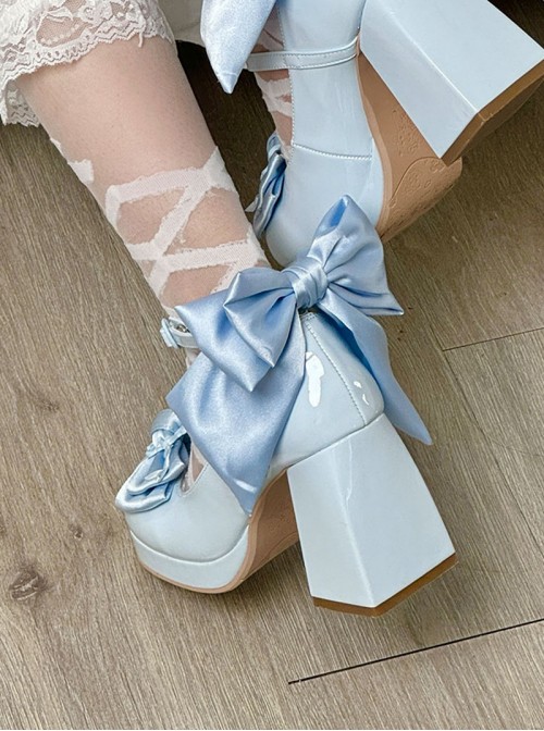 Sweet Lolita Exquisite Elegant Satin Bowknot Waterproof Platform Thick High Heels Mary Jane Shoes