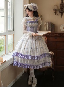 Iris Secret Series Classic Lolita Delicate Elegant Country Style Retro Square Collar Chiffon Purple Sleeveless Dress Set