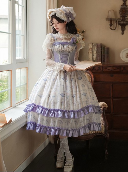 Iris Secret Series Classic Lolita Delicate Elegant Country Style Retro Square Collar Chiffon Purple Sleeveless Dress Set
