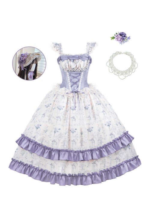 Iris Secret Series Classic Lolita Delicate Elegant Country Style Retro Square Collar Chiffon Purple Sleeveless Dress Set