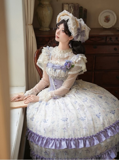 Iris Secret Series Classic Lolita Delicate Elegant Country Style Retro Square Collar Chiffon Purple Sleeveless Dress Set
