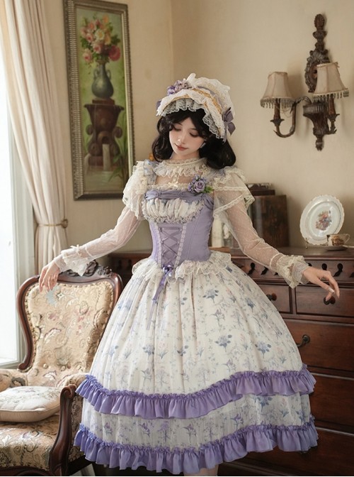 Iris Secret Series Classic Lolita Delicate Elegant Country Style Retro Square Collar Chiffon Purple Sleeveless Dress Set