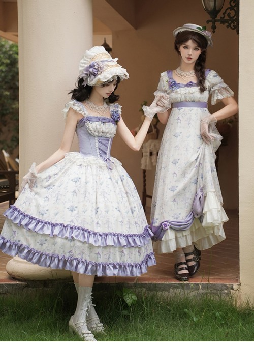 Iris Secret Series Classic Lolita Delicate Elegant Country Style Retro Square Collar Chiffon Purple Sleeveless Dress Set