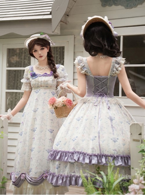 Iris Secret Series Classic Lolita Delicate Elegant Country Style Retro Square Collar Chiffon Purple Sleeveless Dress Set