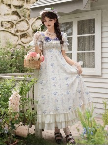 Iris Series Classic Lolita Purple Retro Square Collar High Waist Chiffon Lace Bubble Sleeve Dress Flat Cap Brooch Set