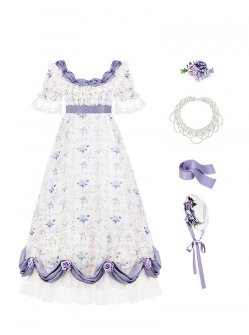 Iris Series Classic Lolita Purple Retro Square Collar High Waist Chiffon Lace Bubble Sleeve Dress Flat Cap Brooch Set