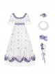 Iris Series Classic Lolita Purple Retro Square Collar High Waist Chiffon Lace Bubble Sleeve Dress Flat Cap Brooch Set
