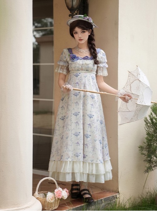 Iris Series Classic Lolita Purple Retro Square Collar High Waist Chiffon Lace Bubble Sleeve Dress Flat Cap Brooch Set