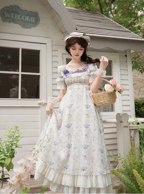 Iris Series Classic Lolita Purple Retro Square Collar High Waist Chiffon Lace Bubble Sleeve Dress Flat Cap Brooch Set