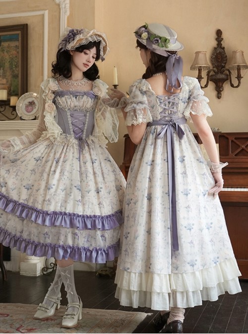 Iris Series Classic Lolita Purple Retro Square Collar High Waist Chiffon Lace Bubble Sleeve Dress Flat Cap Brooch Set