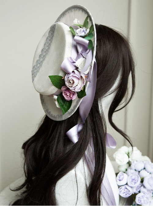 Iris Series Classic Lolita Purple Retro Square Collar High Waist Chiffon Lace Bubble Sleeve Dress Flat Cap Brooch Set