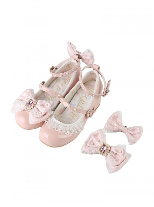 Love Lace Series Sweet Lolita Elegant Lace Pearl Chiffon Mid-Heel Mary Jane Shoes