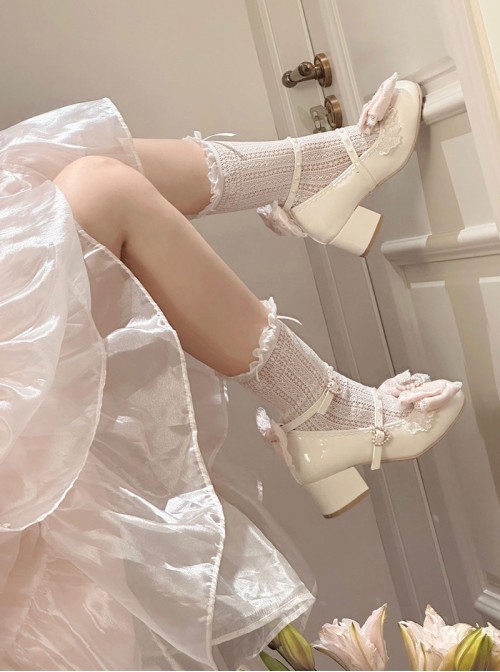 Love Lace Series Sweet Lolita Elegant Lace Pearl Chiffon Mid-Heel Mary Jane Shoes