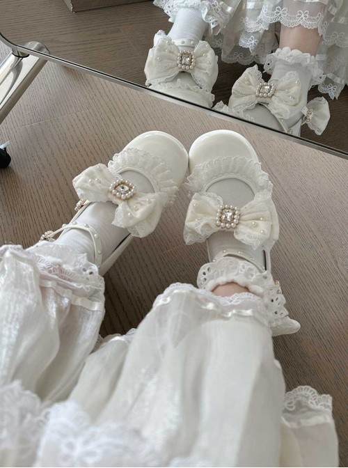 Love Lace Series Sweet Lolita Elegant Lace Pearl Chiffon Mid-Heel Mary Jane Shoes