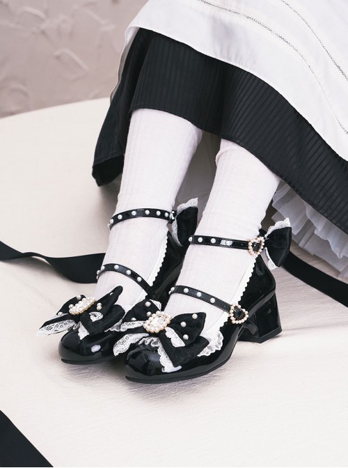 Love Lace Series Sweet Lolita Elegant Lace Pearl Chiffon Mid-Heel Mary Jane Shoes