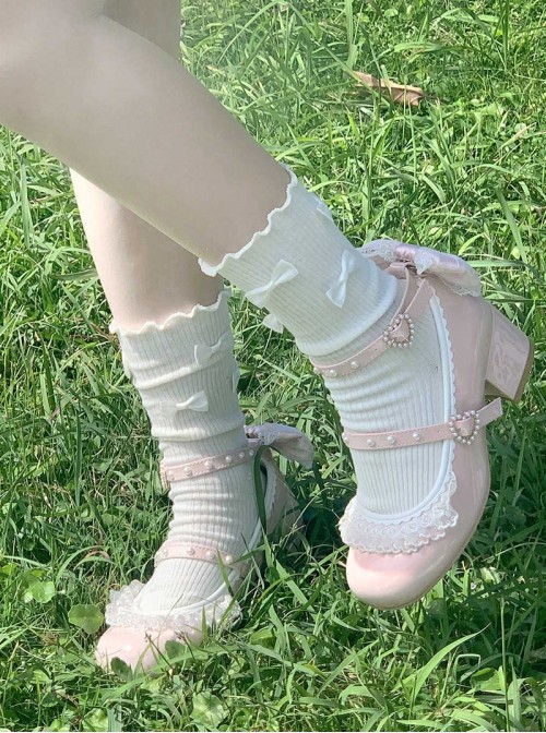 Love Lace Series Sweet Lolita Elegant Lace Pearl Chiffon Mid-Heel Mary Jane Shoes