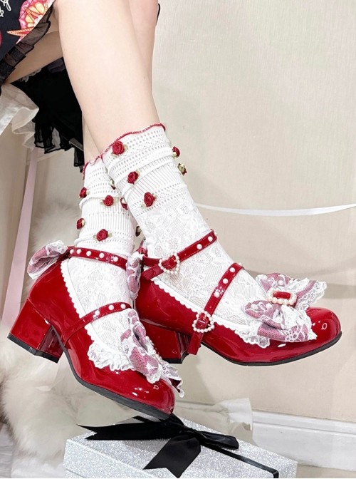 Love Lace Series Sweet Lolita Elegant Lace Pearl Chiffon Mid-Heel Mary Jane Shoes