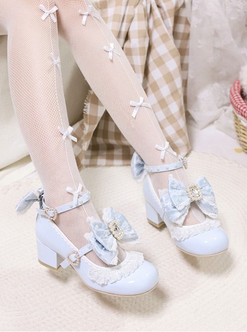 Love Lace Series Sweet Lolita Elegant Lace Pearl Chiffon Mid-Heel Mary Jane Shoes