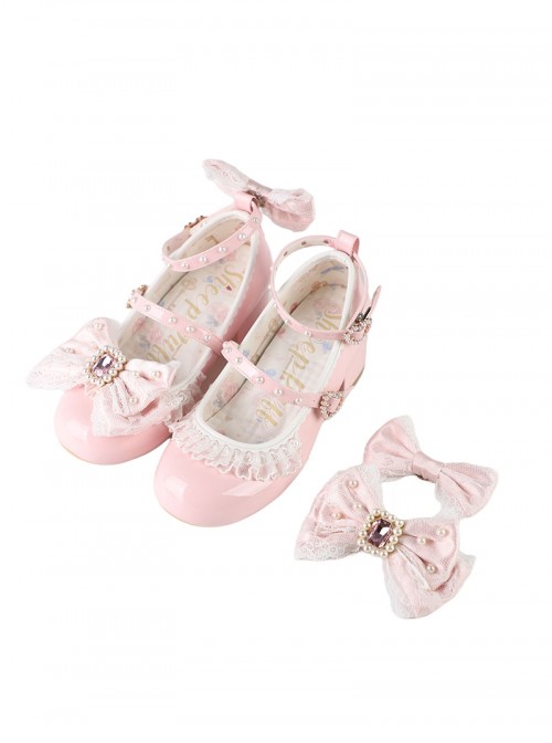 Love Lace Series Sweet Lolita Elegant Lace Pearl Chiffon Mid-Heel Mary Jane Shoes