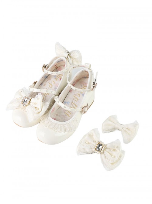Love Lace Series Sweet Lolita Elegant Lace Pearl Chiffon Mid-Heel Mary Jane Shoes