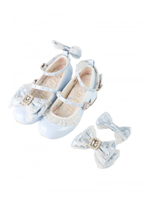 Love Lace Series Sweet Lolita Elegant Lace Pearl Chiffon Mid-Heel Mary Jane Shoes