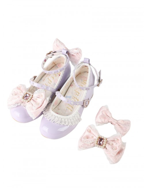 Love Lace Series Sweet Lolita Elegant Lace Pearl Chiffon Mid-Heel Mary Jane Shoes