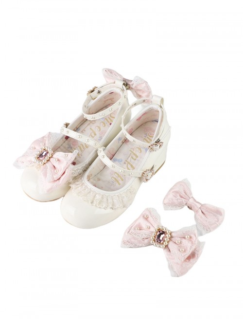 Love Lace Series Sweet Lolita Elegant Lace Pearl Chiffon Mid-Heel Mary Jane Shoes