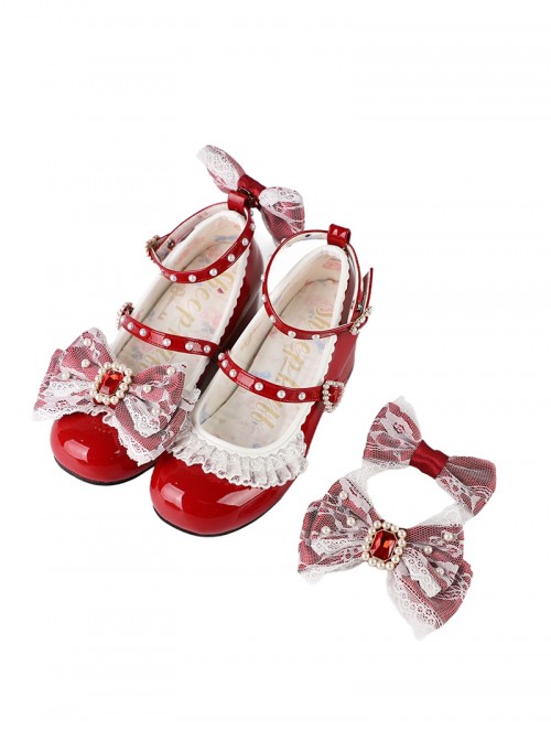Love Lace Series Sweet Lolita Elegant Lace Pearl Chiffon Mid-Heel Mary Jane Shoes