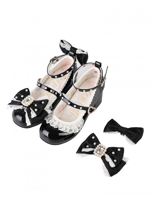 Love Lace Series Sweet Lolita Elegant Lace Pearl Chiffon Mid-Heel Mary Jane Shoes