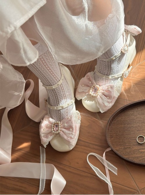 Love Lace Series Sweet Lolita Elegant Lace Pearl Chiffon Mid-Heel Mary Jane Shoes