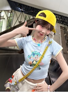 Light Blue Kawaii Fashion Sweet Colorful Cartoon Print Short Sleeve Round Neck T-Shirt