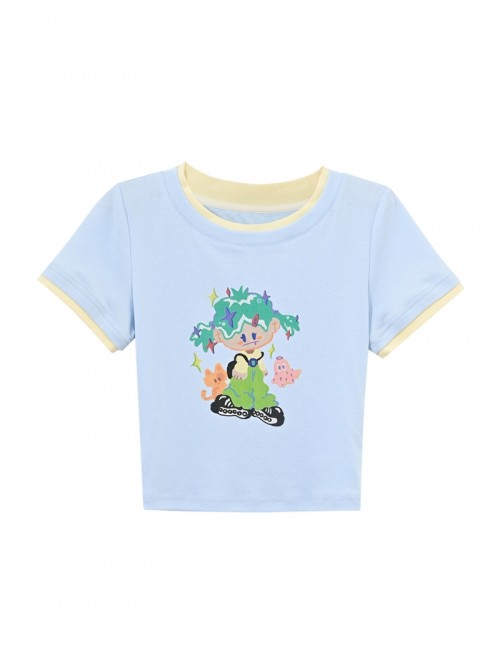 Light Blue Kawaii Fashion Sweet Colorful Cartoon Print Short Sleeve Round Neck T-Shirt