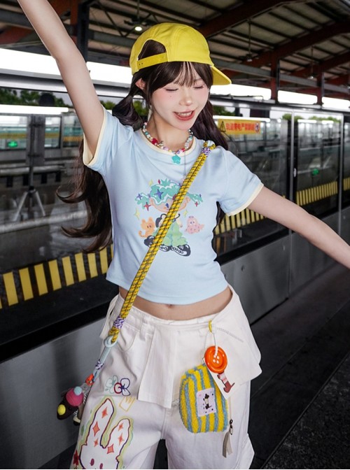 Light Blue Kawaii Fashion Sweet Colorful Cartoon Print Short Sleeve Round Neck T-Shirt