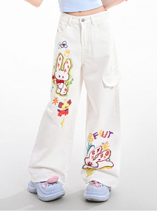 White Cotton Kawaii Fashion Sweet Colorful Cartoon Print Lively Cute Loose Casual Pants