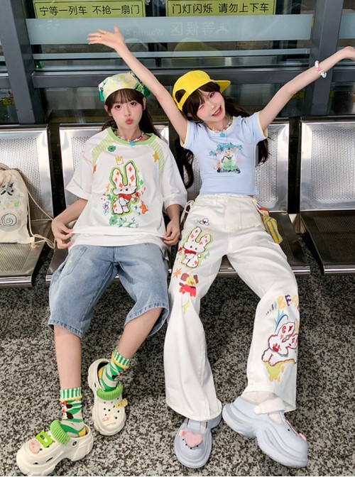 White Cotton Kawaii Fashion Sweet Colorful Cartoon Print Lively Cute Loose Casual Pants
