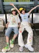 White Cotton Kawaii Fashion Sweet Colorful Cartoon Print Lively Cute Loose Casual Pants