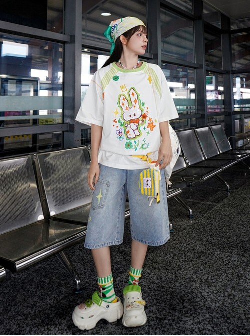 Summer Sports Style Kawaii Fashion Sweet Bunny Print Colorful Loose T-Shirt Denim Mid Shorts Set