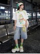 Summer Sports Style Kawaii Fashion Sweet Bunny Print Colorful Loose T-Shirt Denim Mid Shorts Set