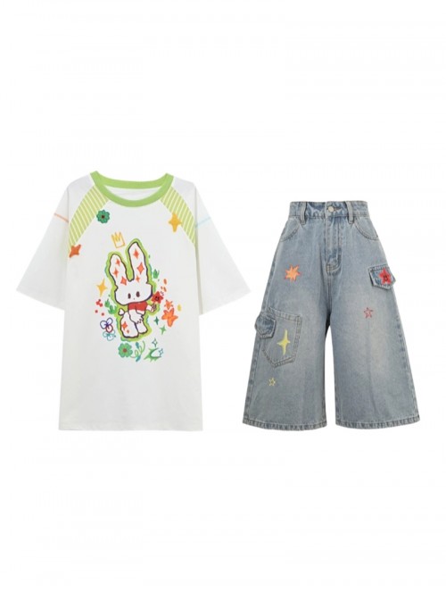 Summer Sports Style Kawaii Fashion Sweet Bunny Print Colorful Loose T-Shirt Denim Mid Shorts Set