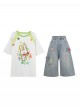 Summer Sports Style Kawaii Fashion Sweet Bunny Print Colorful Loose T-Shirt Denim Mid Shorts Set